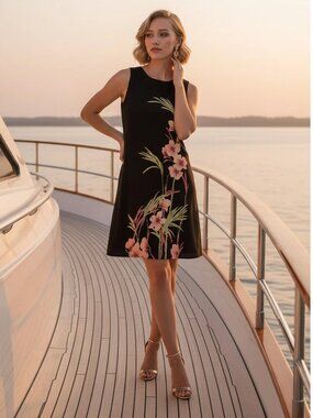 Tommy Bahama Silk Dress Sleeveless Lily Floral Print Size 14 Black